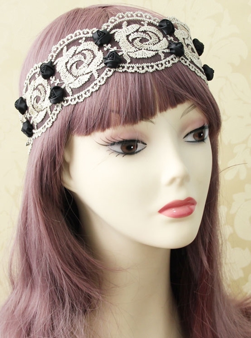 Fashion Casual Black Rose Flower Golden Lace Stretch Elastic Wide Retro Hair Band