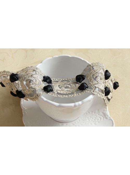 Fashion Casual Black Rose Flower Golden Lace Stretch Elastic Wide Retro Hair Band