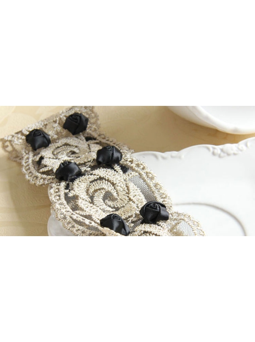 Fashion Casual Black Rose Flower Golden Lace Stretch Elastic Wide Retro Hair Band