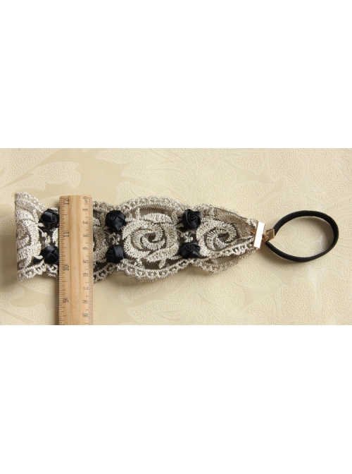 Fashion Casual Black Rose Flower Golden Lace Stretch Elastic Wide Retro Hair Band