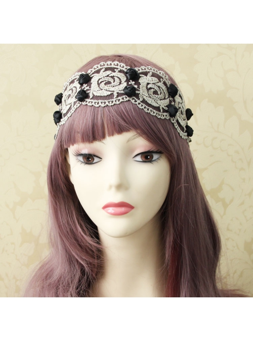 Fashion Casual Black Rose Flower Golden Lace Stretch Elastic Wide Retro Hair Band