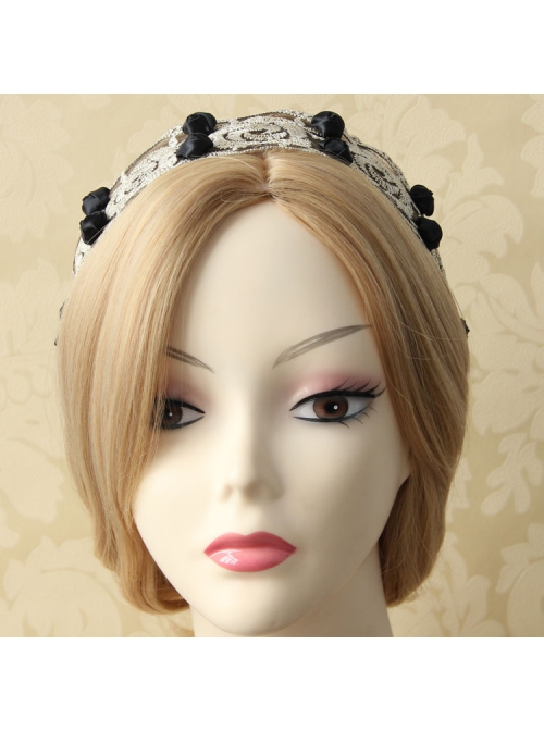 Fashion Casual Black Rose Flower Golden Lace Stretch Elastic Wide Retro Hair Band