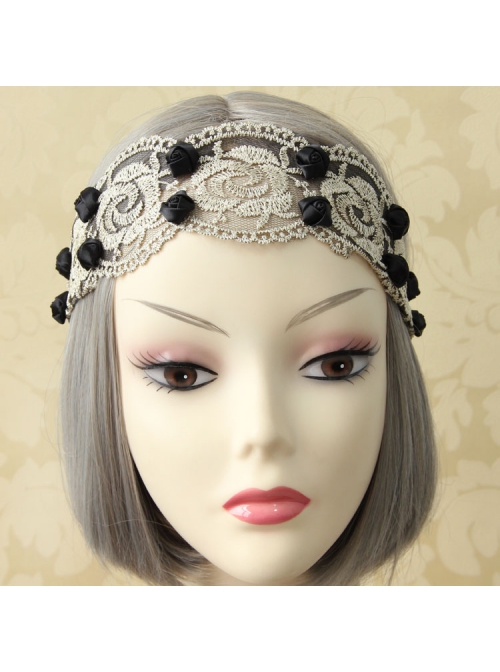 Fashion Casual Black Rose Flower Golden Lace Stretch Elastic Wide Retro Hair Band