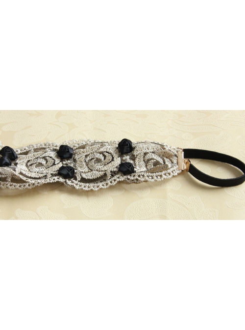 Fashion Casual Black Rose Flower Golden Lace Stretch Elastic Wide Retro Hair Band
