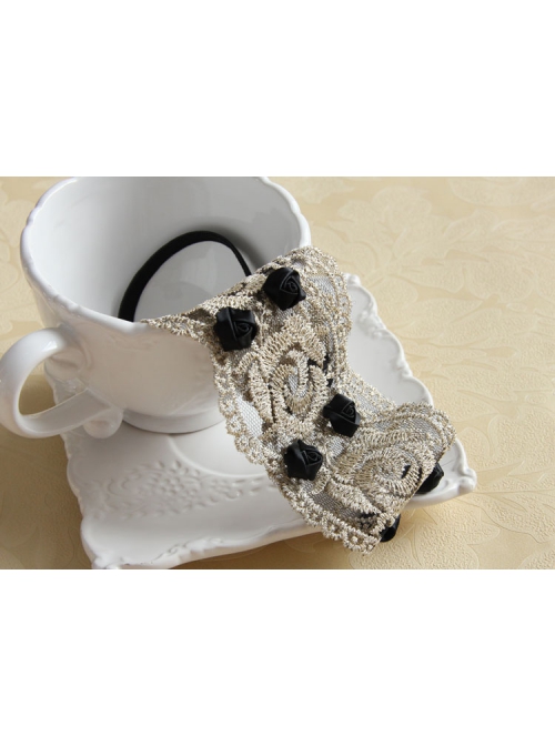 Fashion Casual Black Rose Flower Golden Lace Stretch Elastic Wide Retro Hair Band