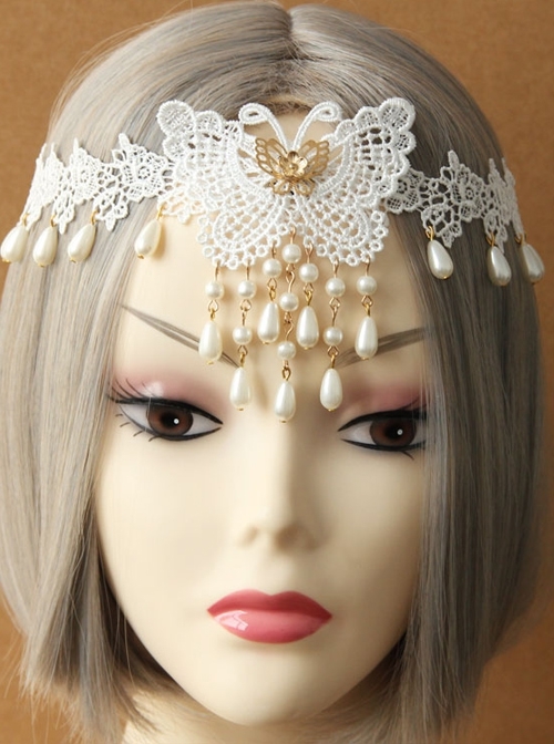 Fashion Elegant Bride Bridesmaid White Lace Butterfly Pearl Flower Female Hairband
