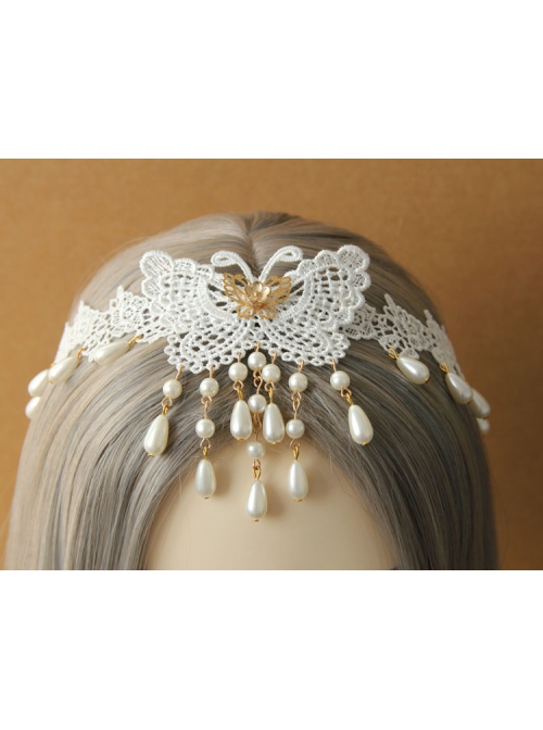 Fashion Elegant Bride Bridesmaid White Lace Butterfly Pearl Flower Female Hairband