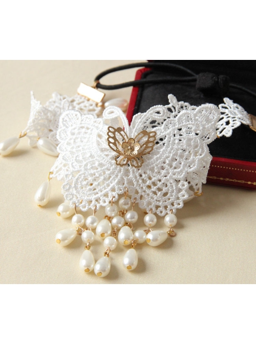 Fashion Elegant Bride Bridesmaid White Lace Butterfly Pearl Flower Female Hairband