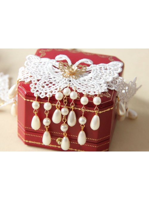 Fashion Elegant Bride Bridesmaid White Lace Butterfly Pearl Flower Female Hairband