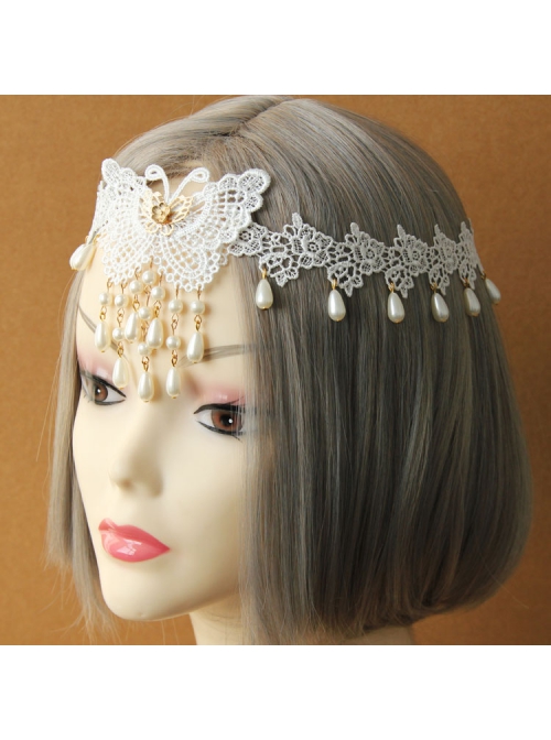 Fashion Elegant Bride Bridesmaid White Lace Butterfly Pearl Flower Female Hairband