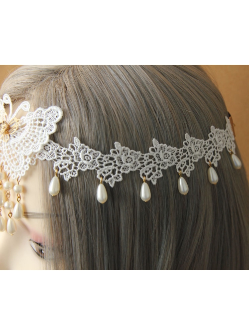 Fashion Elegant Bride Bridesmaid White Lace Butterfly Pearl Flower Female Hairband
