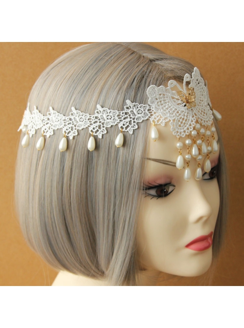 Fashion Elegant Bride Bridesmaid White Lace Butterfly Pearl Flower Female Hairband