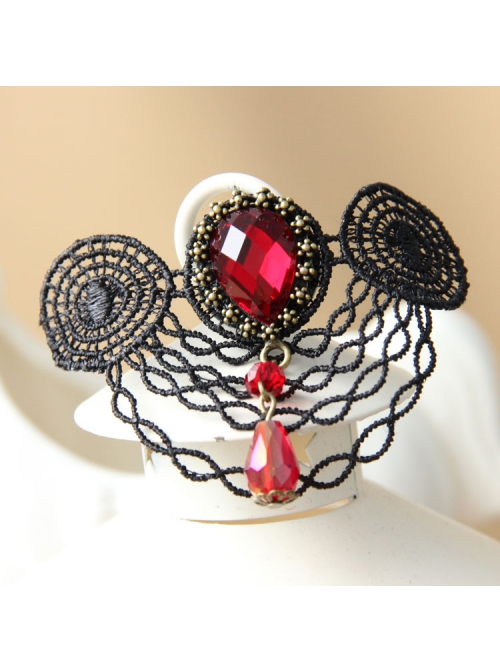 Fashion Casual Elegant Retro Red Crystal Retro Black Lace Brooch