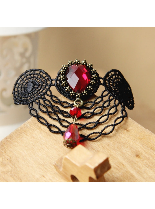 Fashion Casual Elegant Retro Red Crystal Retro Black Lace Brooch