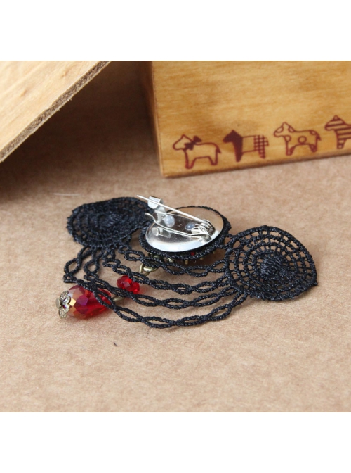 Fashion Casual Elegant Retro Red Crystal Retro Black Lace Brooch