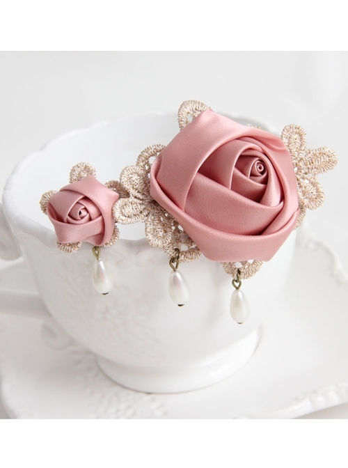 Classical Fashion Lady Pink Rose Flower Golden Lace White Pearl Handmade Hairpin