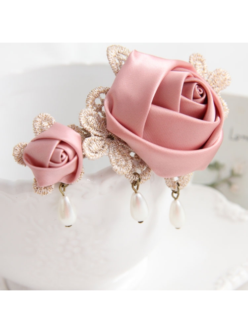Classical Fashion Lady Pink Rose Flower Golden Lace White Pearl Handmade Hairpin