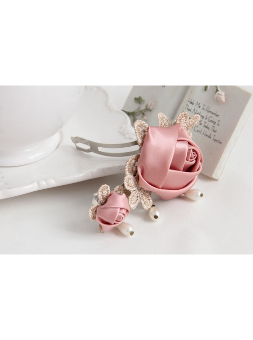 Classical Fashion Lady Pink Rose Flower Golden Lace White Pearl Handmade Hairpin