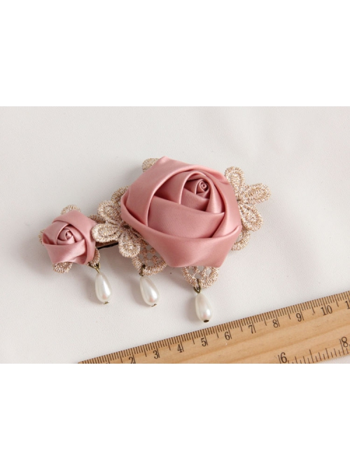 Classical Fashion Lady Pink Rose Flower Golden Lace White Pearl Handmade Hairpin