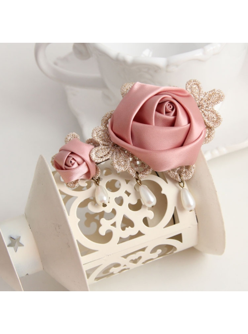 Classical Fashion Lady Pink Rose Flower Golden Lace White Pearl Handmade Hairpin