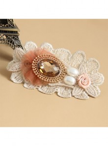 Fashion Elegant Handmade Female White Pearl Golden Lace Pink Flowers Orange Mesh Hairpin