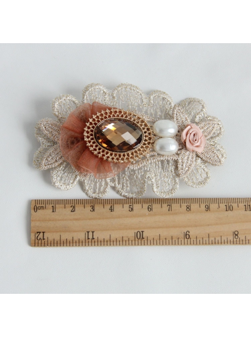 Fashion Elegant Handmade Female White Pearl Golden Lace Pink Flowers Orange Mesh Hairpin