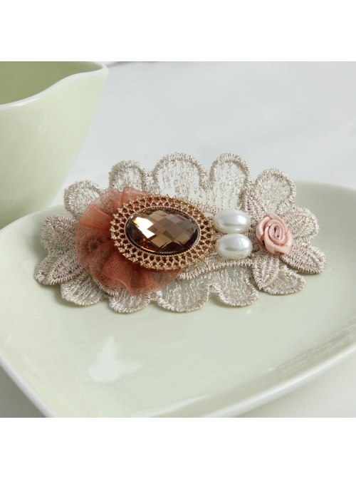 Fashion Elegant Handmade Female White Pearl Golden Lace Pink Flowers Orange Mesh Hairpin