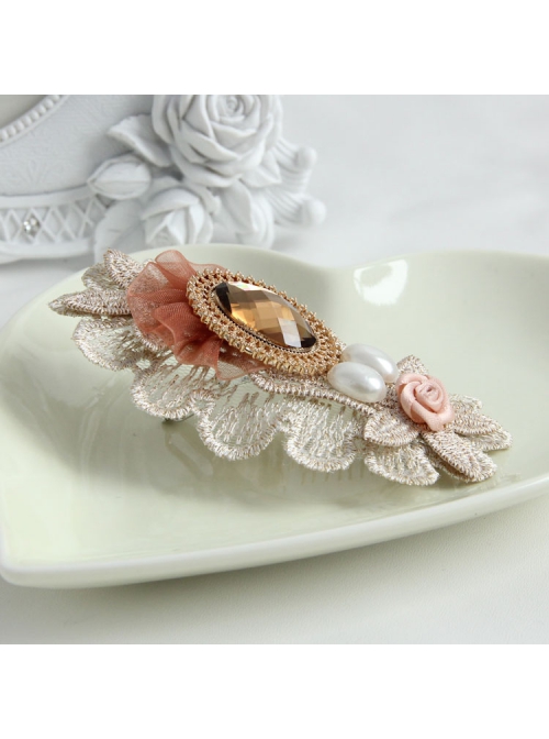 Fashion Elegant Handmade Female White Pearl Golden Lace Pink Flowers Orange Mesh Hairpin