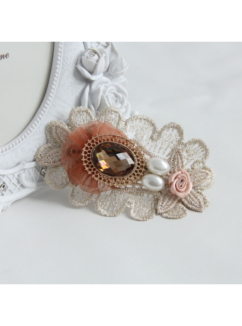 Fashion Elegant Handmade Female White Pearl Golden Lace Pink Flowers Orange Mesh Hairpin