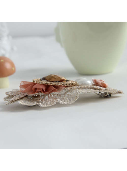 Fashion Elegant Handmade Female White Pearl Golden Lace Pink Flowers Orange Mesh Hairpin