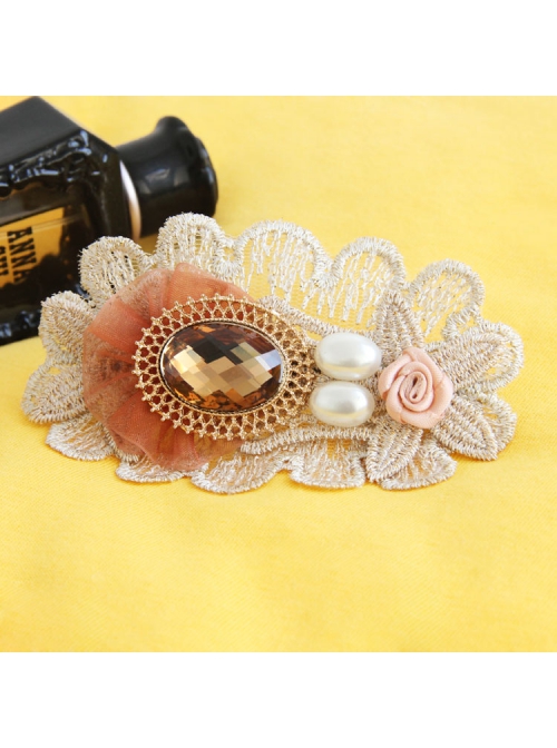 Fashion Elegant Handmade Female White Pearl Golden Lace Pink Flowers Orange Mesh Hairpin