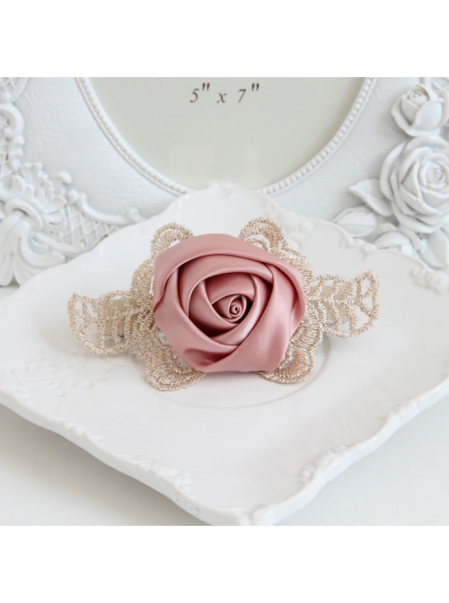 Fashion Elegant Personality Retro Golden Lace Leaves Pink Roses Female Hairpin