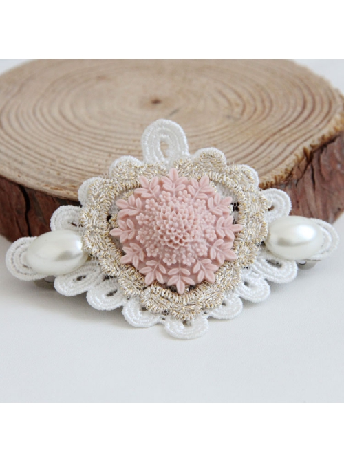 Fashion Elegant Retro Golden Lace Pink Flower Love White Pearl Lady Hairpin