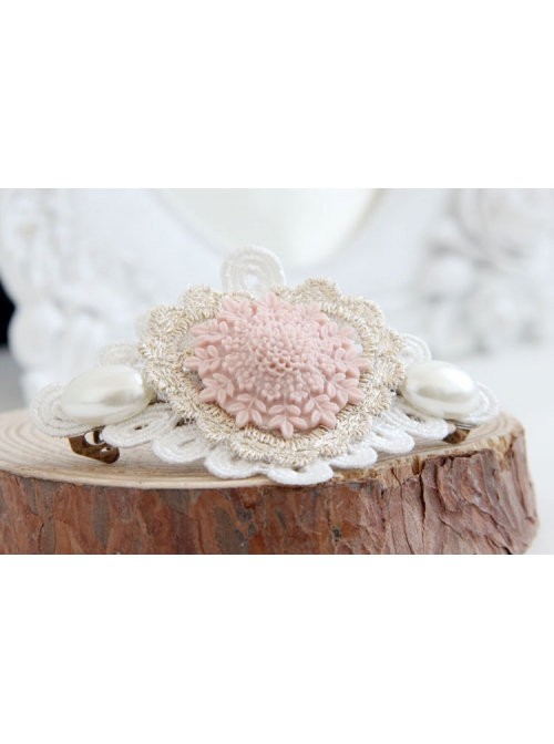 Fashion Elegant Retro Golden Lace Pink Flower Love White Pearl Lady Hairpin