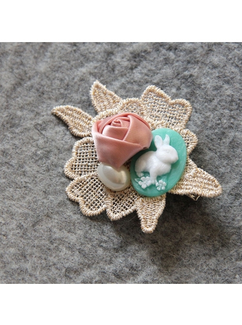 Handmade Retro Fashion Elegant Cute Rabbit Pink Rose White Pearl Golden Lace Female Hairpin