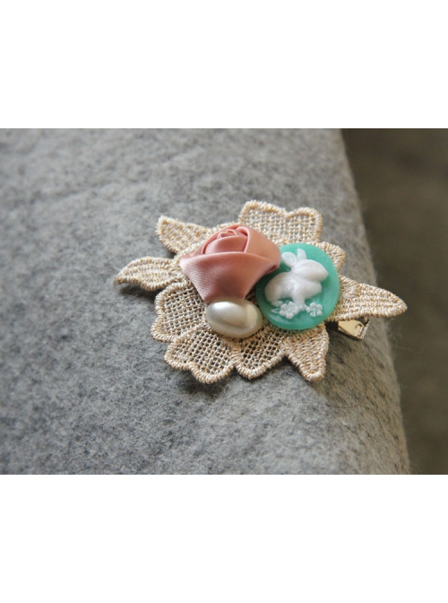 Handmade Retro Fashion Elegant Cute Rabbit Pink Rose White Pearl Golden Lace Female Hairpin