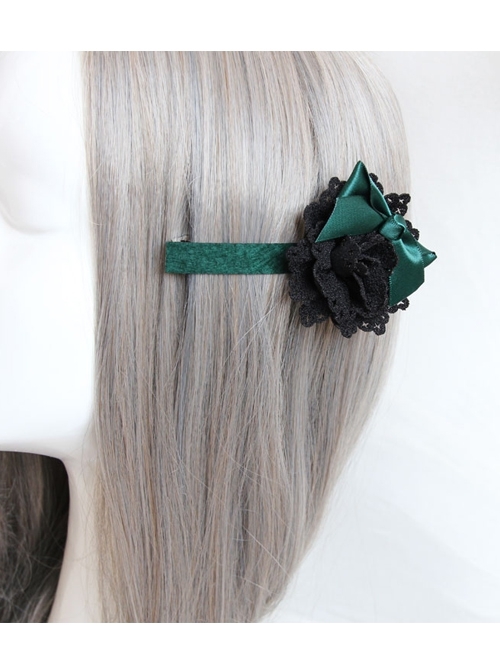 Fashion Elegant Dark Green Bow Black Flowers Handmade Retro Female Hairpin