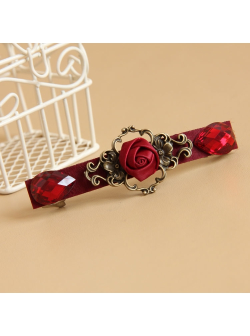 Fashion Elegant Bride Festive Red Rose Flower Gemstone Handmade Hairpin