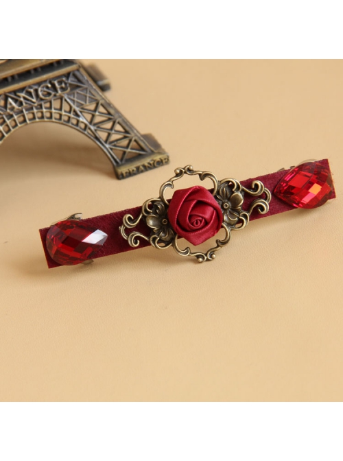 Fashion Elegant Bride Festive Red Rose Flower Gemstone Handmade Hairpin