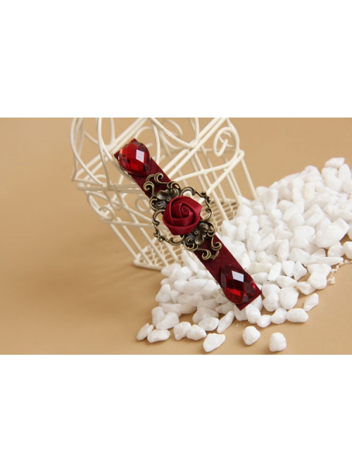 Fashion Elegant Bride Festive Red Rose Flower Gemstone Handmade Hairpin