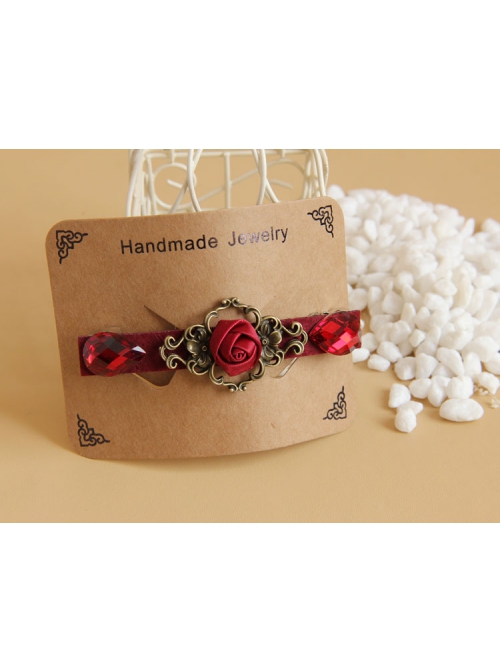 Fashion Elegant Bride Festive Red Rose Flower Gemstone Handmade Hairpin