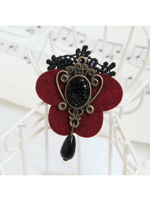 Gothic Red Butterfly Retro Fashion Handmade Black Lace Pearl Brooch