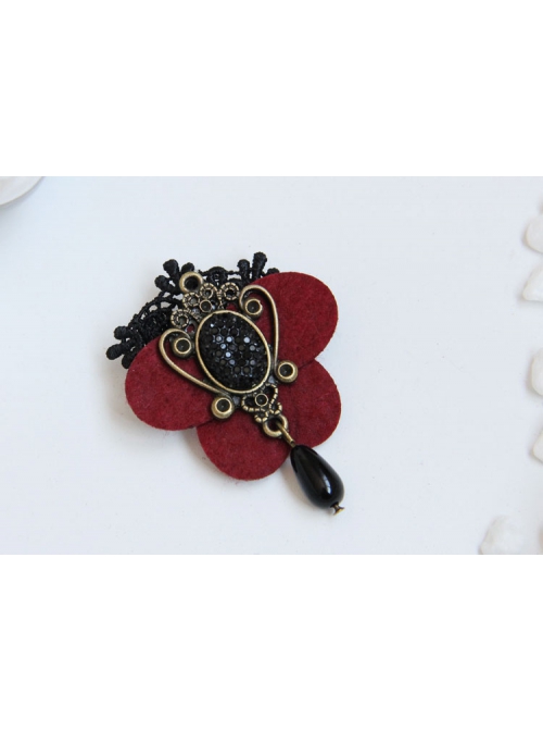 Gothic Red Butterfly Retro Fashion Handmade Black Lace Pearl Brooch