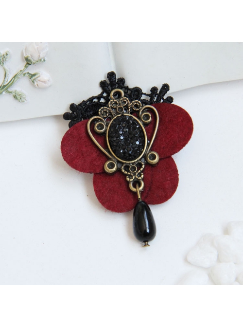 Gothic Red Butterfly Retro Fashion Handmade Black Lace Pearl Brooch