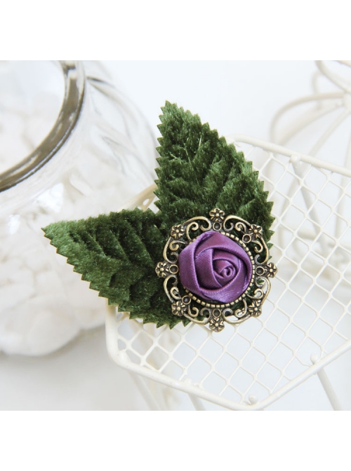 Vintage Fashion Casual Elegant Green Leaf Purple Rose Flower Handmade Brooch