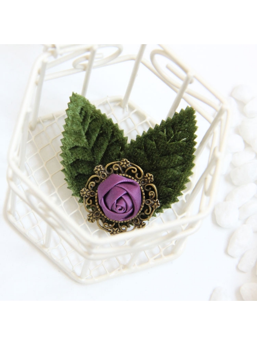 Vintage Fashion Casual Elegant Green Leaf Purple Rose Flower Handmade Brooch