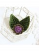 Vintage Fashion Casual Elegant Green Leaf Purple Rose Flower Handmade Brooch