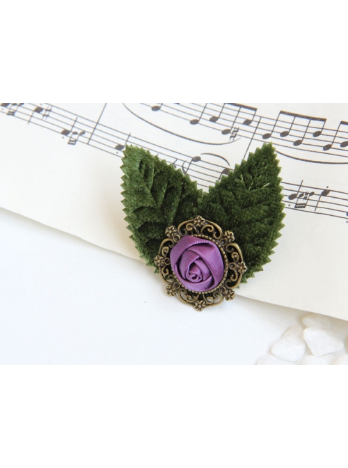 Vintage Fashion Casual Elegant Green Leaf Purple Rose Flower Handmade Brooch