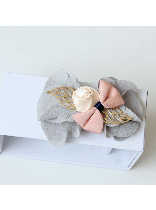 Fashion Elegant Casual Chiffon Handmade Pink Bow Rose Female Gray Hairpin