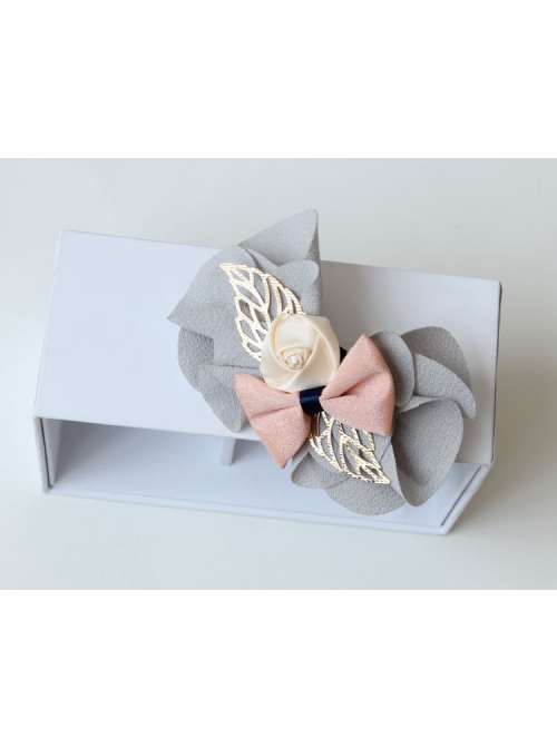 Fashion Elegant Casual Chiffon Handmade Pink Bow Rose Female Gray Hairpin